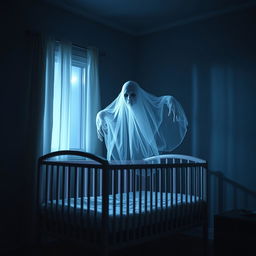 A creepy, ethereal ghost hovering near a baby's crib at night, with an eerie glow emanating from its translucent form