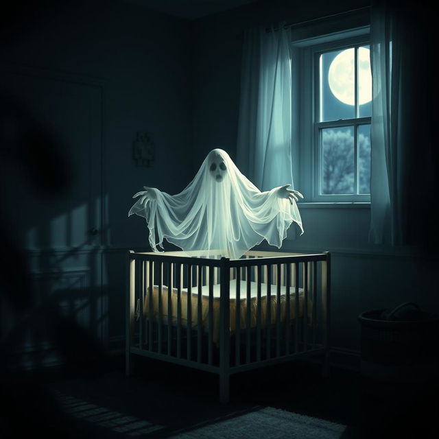 A creepy, ethereal ghost hovering near a baby's crib at night, with an eerie glow emanating from its translucent form