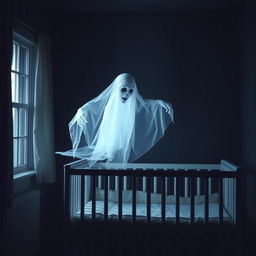 A creepy, ethereal ghost hovering near a baby's crib at night, with an eerie glow emanating from its translucent form