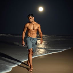 A sexy muscular Latino man walking along a moonlit beach at night, showcasing an athletic and sculpted physique