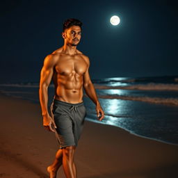 A sexy muscular Latino man walking along a moonlit beach at night, showcasing an athletic and sculpted physique