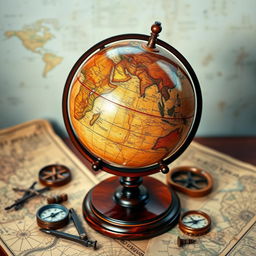 An antique globe displayed on a polished wooden stand, showcasing its intricate details and vintage charm