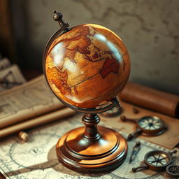 An antique globe displayed on a polished wooden stand, showcasing its intricate details and vintage charm