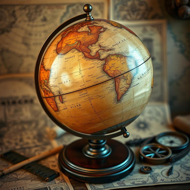 An antique globe displayed on a polished wooden stand, showcasing its intricate details and vintage charm