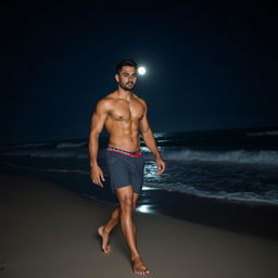 A sexy muscular Latino man walking along a moonlit beach at night, showcasing an athletic and sculpted physique