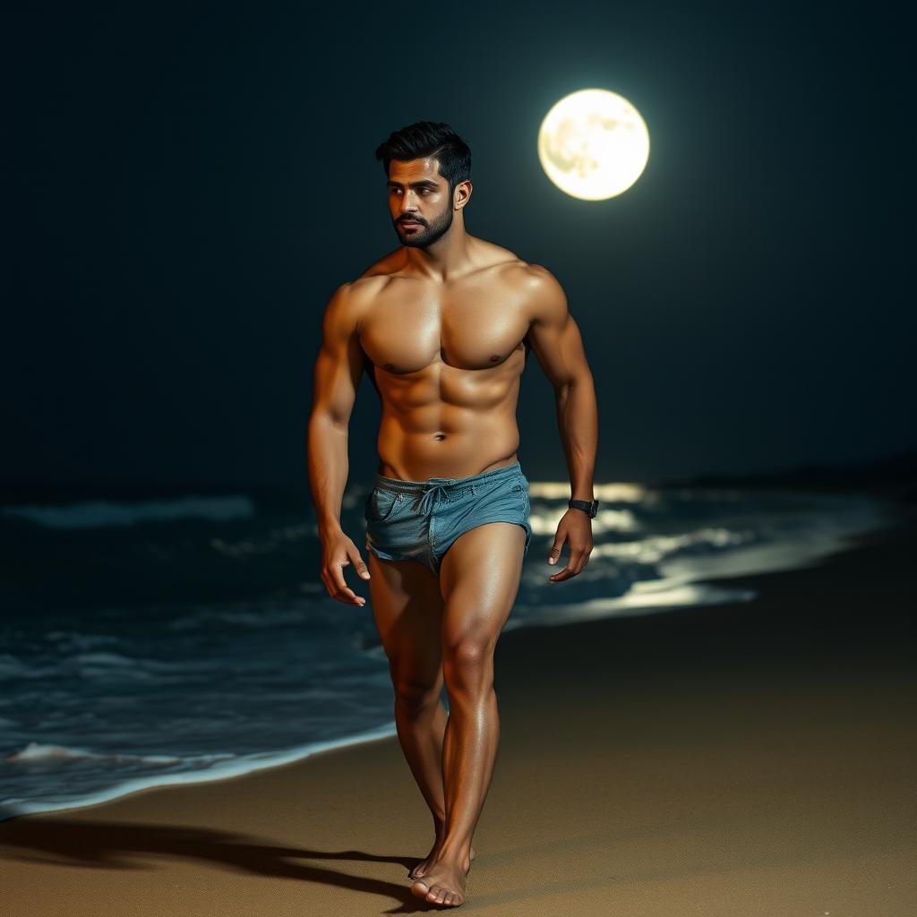 A sexy muscular Latino man walking along a moonlit beach at night, showcasing an athletic and sculpted physique