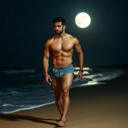 A sexy muscular Latino man walking along a moonlit beach at night, showcasing an athletic and sculpted physique