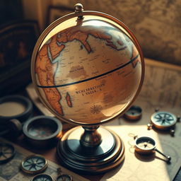 An antique globe displayed on a polished wooden stand, showcasing its intricate details and vintage charm