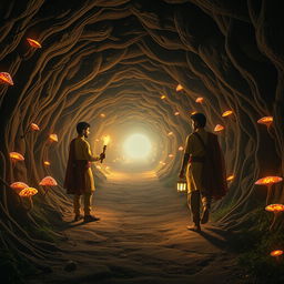 An enchanting, cinematic scene set in a magical world inside a network of tunnels resembling a mouse’s burrow