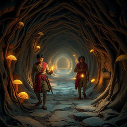 An enchanting, cinematic scene set in a magical world inside a network of tunnels resembling a mouse’s burrow