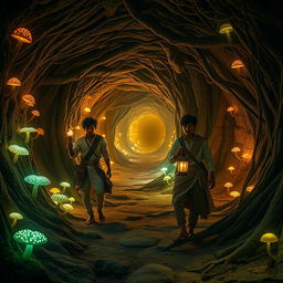 An enchanting, cinematic scene set in a magical world inside a network of tunnels resembling a mouse’s burrow