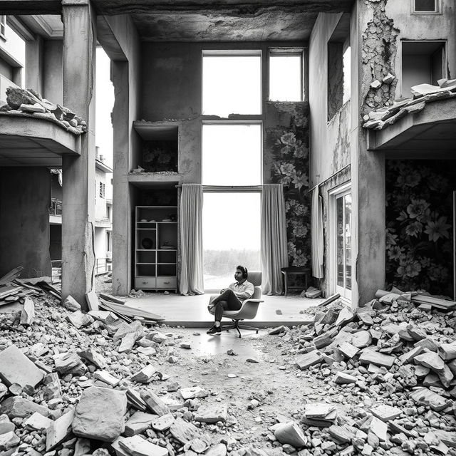 A striking photograph of an urban scene depicting a war-destroyed house where only one room remains pristine and luminous