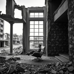A striking photograph of an urban scene depicting a war-destroyed house where only one room remains pristine and luminous