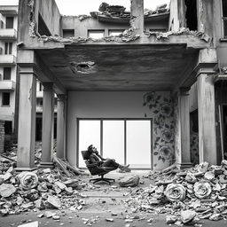 A striking photograph of an urban scene depicting a war-destroyed house where only one room remains pristine and luminous