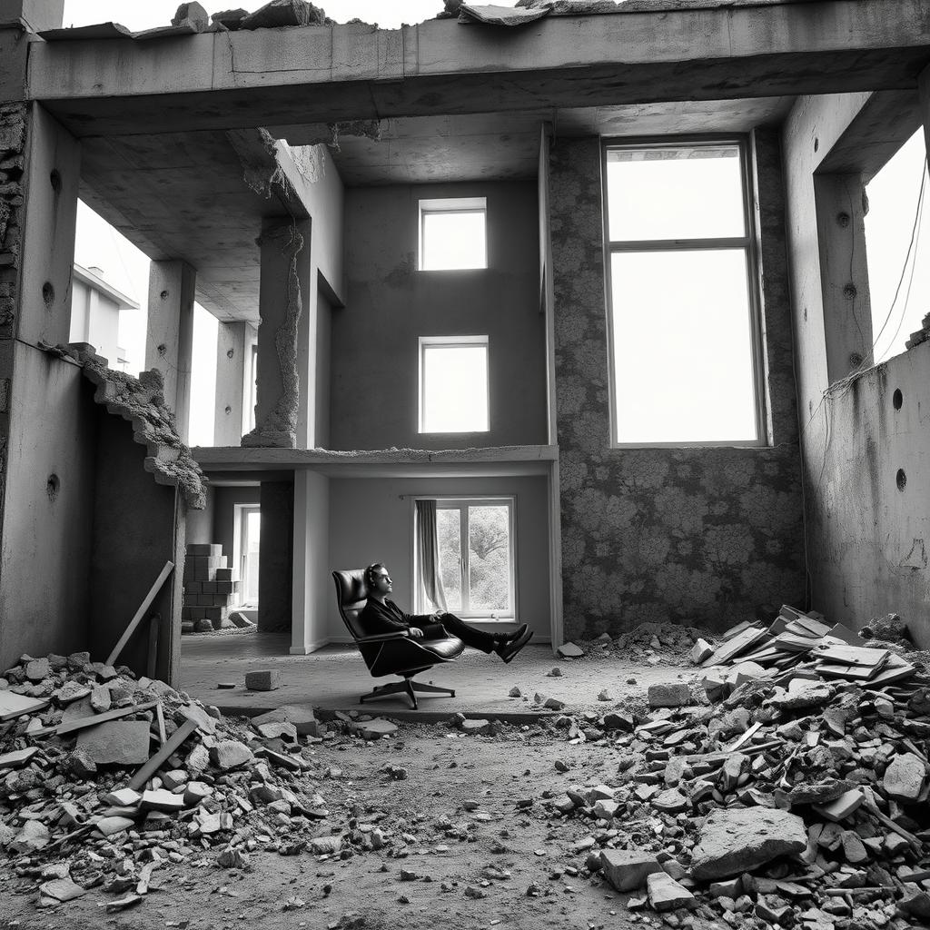 A striking photograph of an urban scene depicting a war-destroyed house where only one room remains pristine and luminous