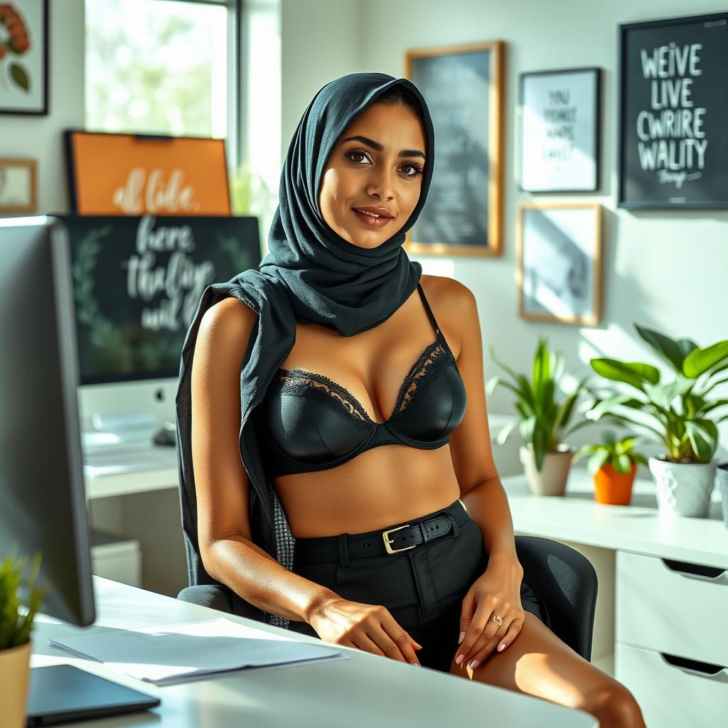 A confident young woman wearing a stylish black bra and black underwear under her professional attire, with a hijab, sitting at an office desk