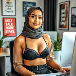 A confident young woman wearing a stylish black bra and black underwear under her professional attire, with a hijab, sitting at an office desk