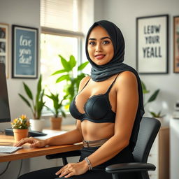 A confident young woman wearing a stylish black bra and black underwear under her professional attire, with a hijab, sitting at an office desk