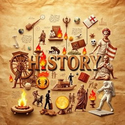 A visually striking collage depicting key concepts and ideas in history, showcasing important events, inventions, and figures