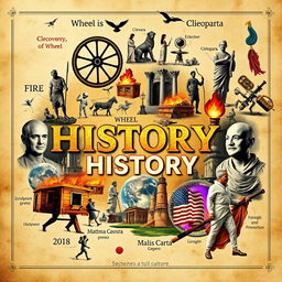 A visually striking collage depicting key concepts and ideas in history, showcasing important events, inventions, and figures