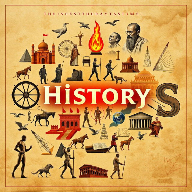 A visually striking collage depicting key concepts and ideas in history, showcasing important events, inventions, and figures