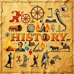 A visually striking collage depicting key concepts and ideas in history, showcasing important events, inventions, and figures