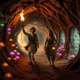 An enchanting cinematic scene set in a magical world inside a network of tunnels resembling a mouse’s burrow