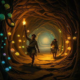 An enchanting cinematic scene set in a magical world inside a network of tunnels resembling a mouse’s burrow