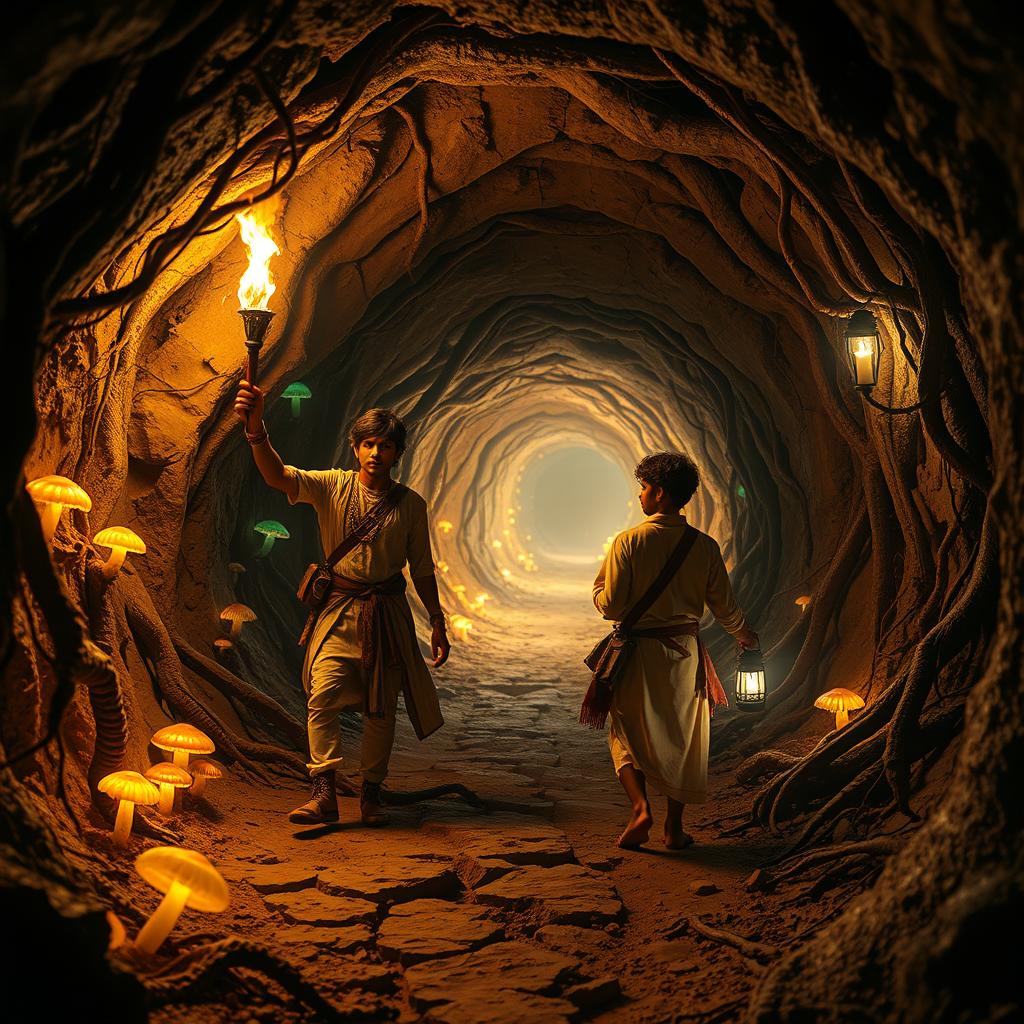 An enchanting cinematic scene set in a magical world inside a network of tunnels resembling a mouse’s burrow