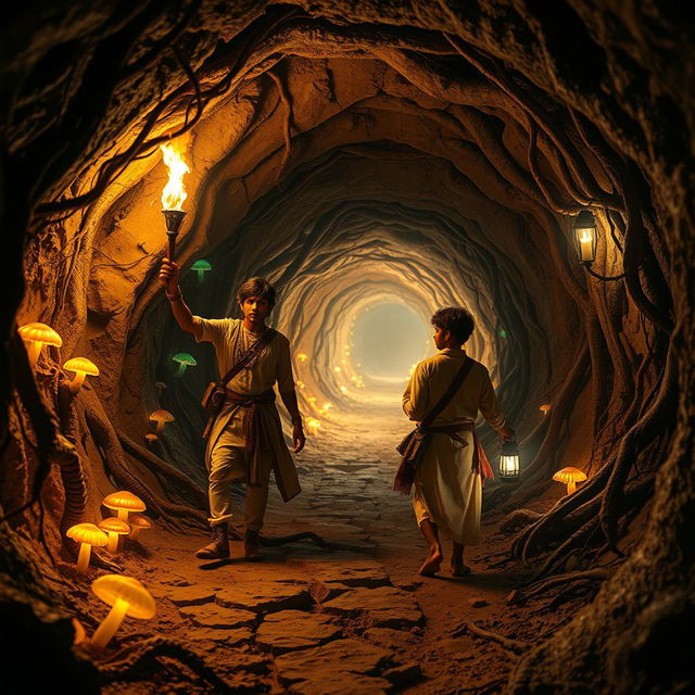 An enchanting cinematic scene set in a magical world inside a network of tunnels resembling a mouse’s burrow