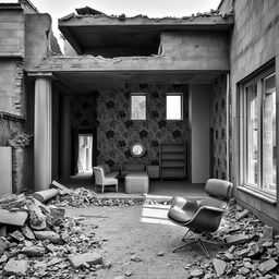 A realistic black and white photograph depicting a war-destroyed street, showcasing a house that is mostly in ruins with one perfect, modern and minimalist room filled with light