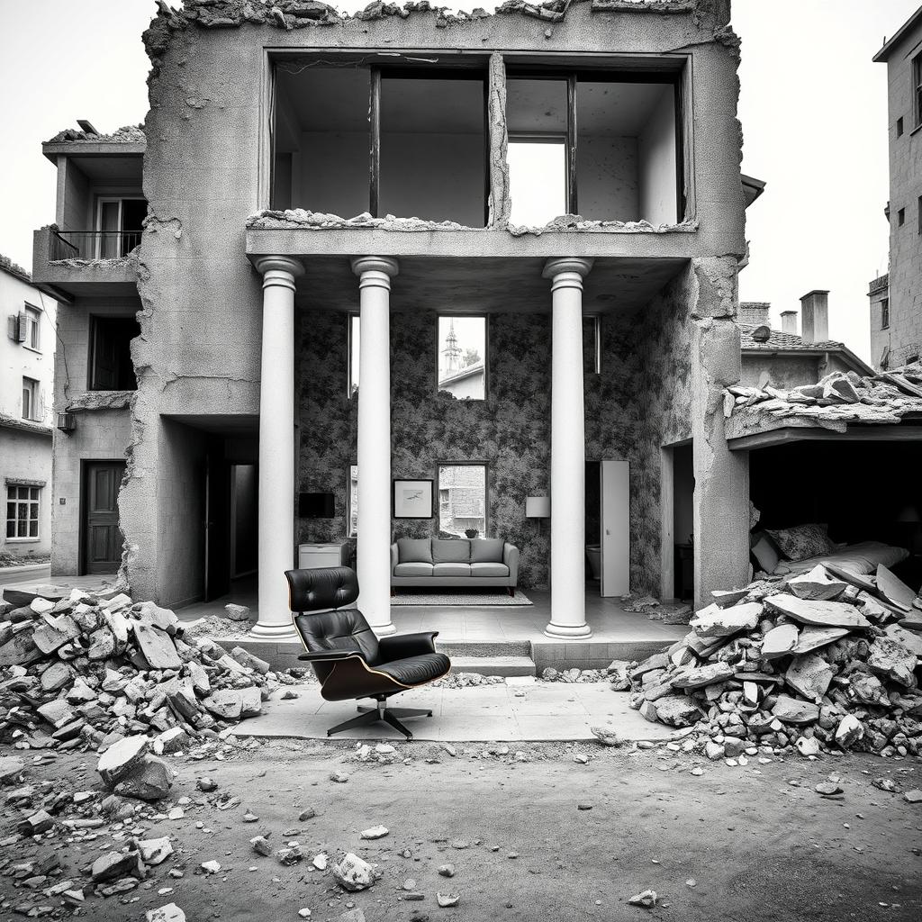 A realistic black and white photograph depicting a war-destroyed street, showcasing a house that is mostly in ruins with one perfect, modern and minimalist room filled with light