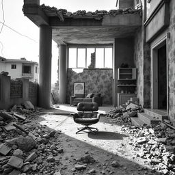 A realistic black and white photograph depicting a war-destroyed street, showcasing a house that is mostly in ruins with one perfect, modern and minimalist room filled with light