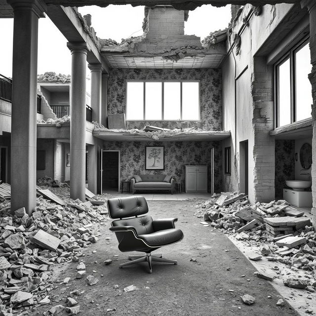 A realistic black and white photograph depicting a war-destroyed street, showcasing a house that is mostly in ruins with one perfect, modern and minimalist room filled with light