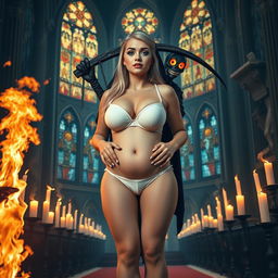 A captivating 18-year-old blonde girl with a thin face and a curvy body, featuring large round soft breasts, a soft belly, very wide hips, large round thighs, and thick legs