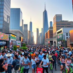 A bustling cityscape representing the Rise of the Modern West, showcasing skyscrapers, modern architecture, and a diverse population