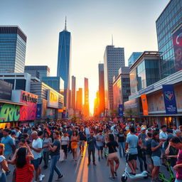 A bustling cityscape representing the Rise of the Modern West, showcasing skyscrapers, modern architecture, and a diverse population
