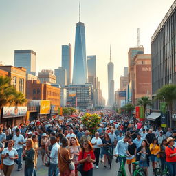 A bustling cityscape representing the Rise of the Modern West, showcasing skyscrapers, modern architecture, and a diverse population