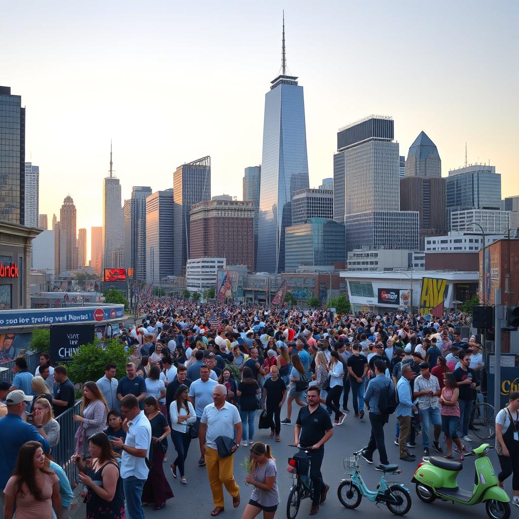 A bustling cityscape representing the Rise of the Modern West, showcasing skyscrapers, modern architecture, and a diverse population