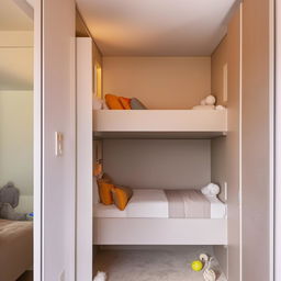 Compact 3x4 room featuring a cozy bunk bed, tastefully furnished with light color palette