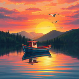 A detailed illustration of a small fishing boat gently bobbing on calm waters during a serene sunset