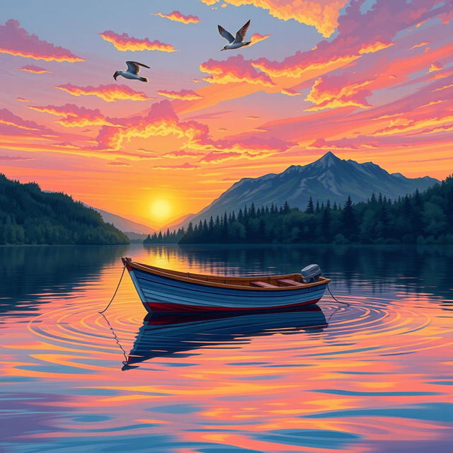 A detailed illustration of a small fishing boat gently bobbing on calm waters during a serene sunset