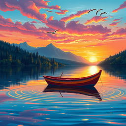 A detailed illustration of a small fishing boat gently bobbing on calm waters during a serene sunset