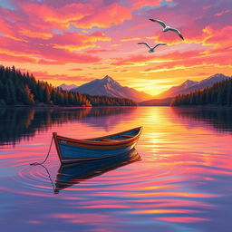 A detailed illustration of a small fishing boat gently bobbing on calm waters during a serene sunset