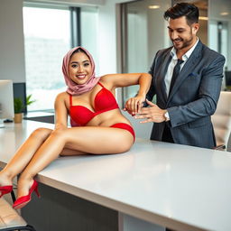 A fashionable Chinese woman in a hijab wearing a striking red bra and red underwear, relaxed and lying on a sleek office desk