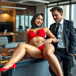 A fashionable Chinese woman in a hijab wearing a striking red bra and red underwear, relaxed and lying on a sleek office desk