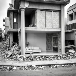 A realistic photograph capturing a war-destroyed street scene, emphasizing a house with much of its structure in ruins while featuring one immaculate room that is modern, minimalist, and filled with light