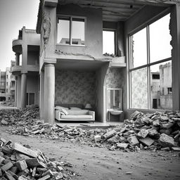 A realistic photograph capturing a war-destroyed street scene, emphasizing a house with much of its structure in ruins while featuring one immaculate room that is modern, minimalist, and filled with light