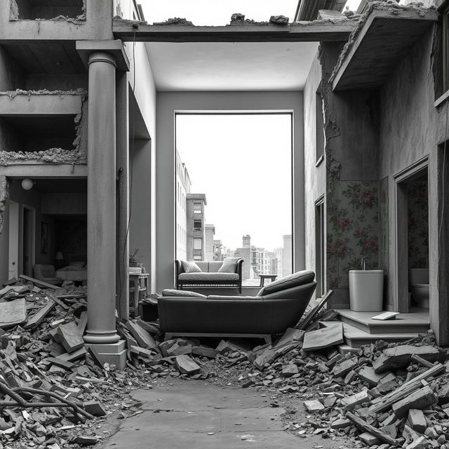 A realistic photograph capturing a war-destroyed street scene, emphasizing a house with much of its structure in ruins while featuring one immaculate room that is modern, minimalist, and filled with light