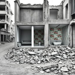 A realistic photograph capturing a war-destroyed street scene, emphasizing a house with much of its structure in ruins while featuring one immaculate room that is modern, minimalist, and filled with light